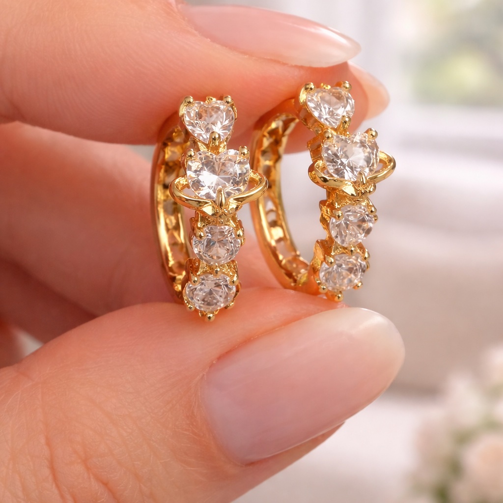 18k Gold Hoop Earrings, Huggies 1/2 Inch, Aaa Rated Cz Heart Stones